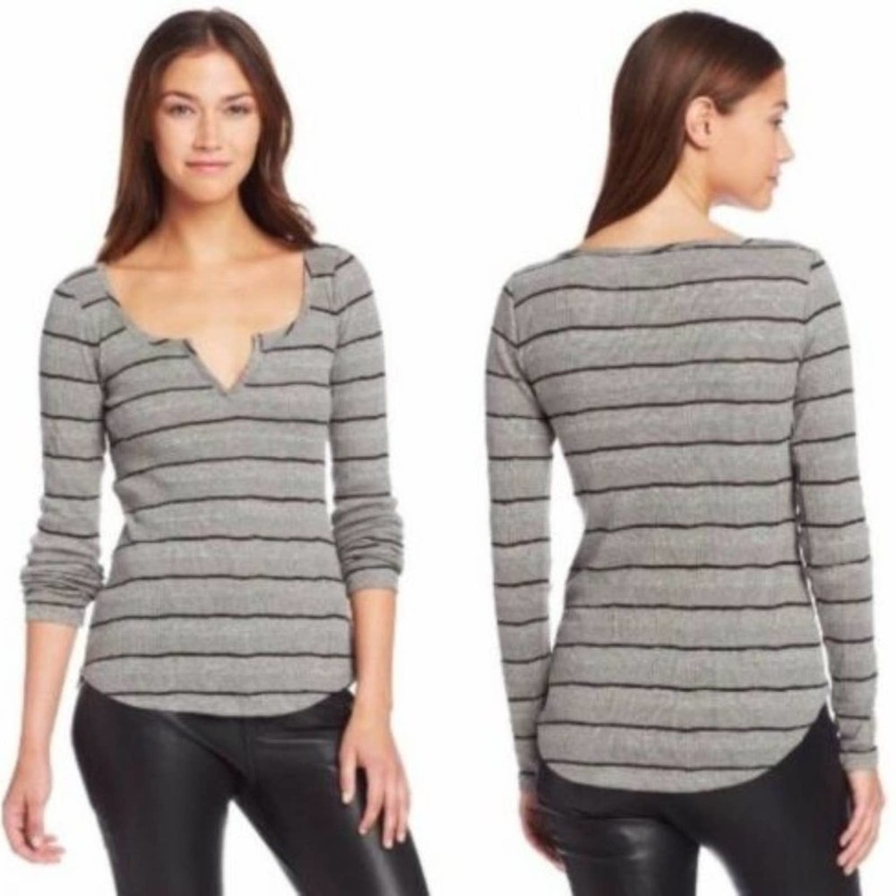 LUCKY BRAND Gray Striped Knit Scoop Thermal Top SMALL Ribbed Long Sleeve Fitted